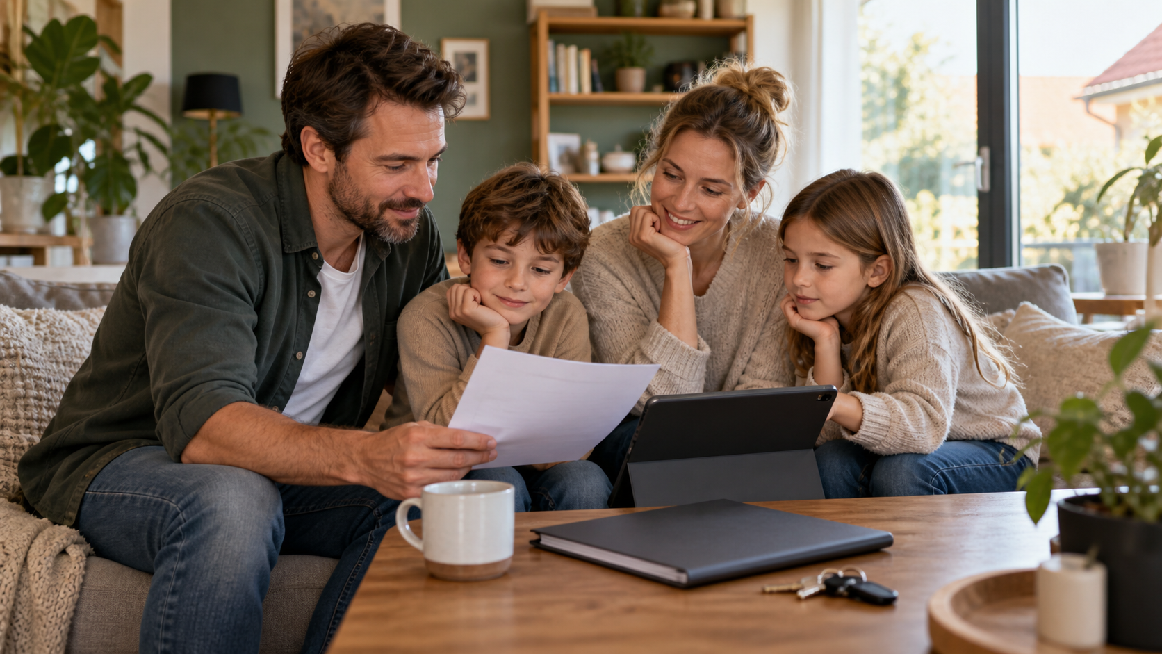 Eine Familie aus drei Generationen ordnet gemeinsam wichtige Unterlagen zu Hause